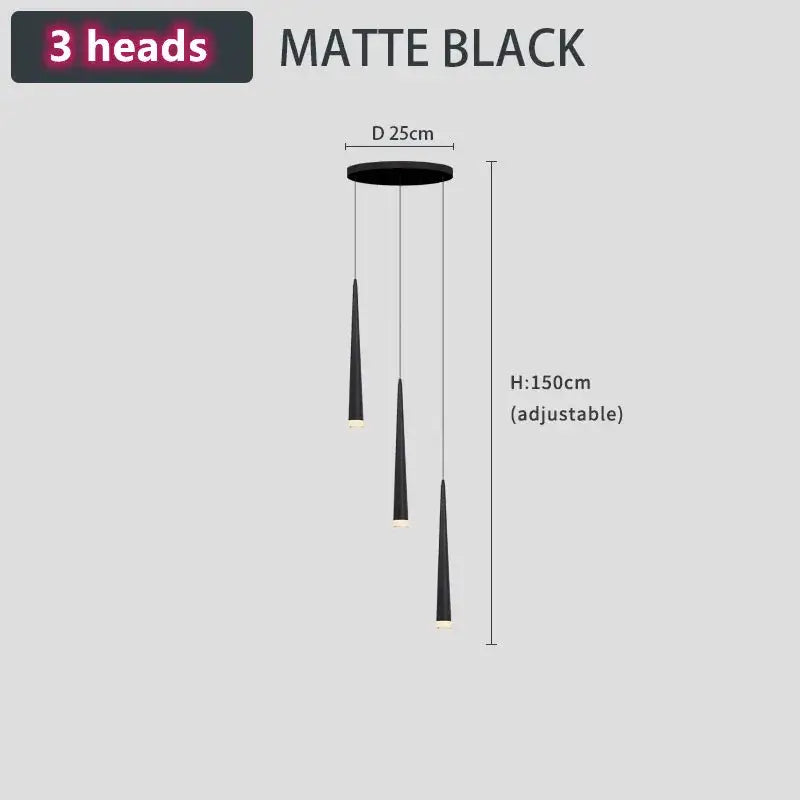 Matte black three-head pendant light with adjustable height and sleek conical shades for decorbites loft black led stair decor