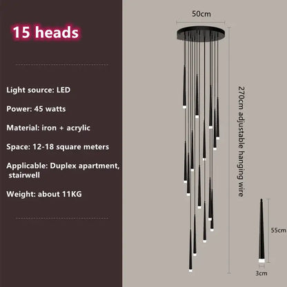 Modern loft black led stair chandelier with 15 tapered light heads on circular iron base for living room decorbites loft black