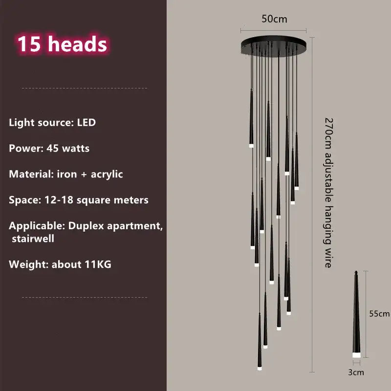 Modern loft black led stair chandelier with 15 tapered light heads on circular iron base for living room decorbites loft black