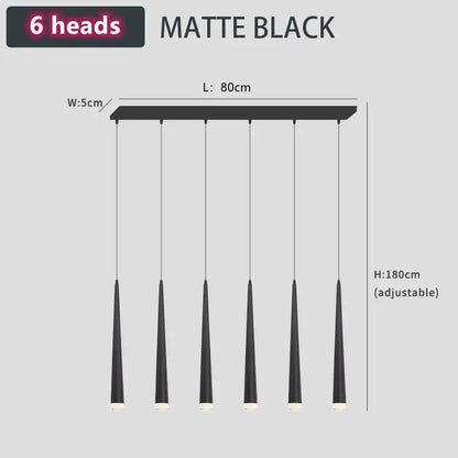 Matte black six-head modern pendant light with slender conical shades and adjustable height for black led stair decorbites loft black