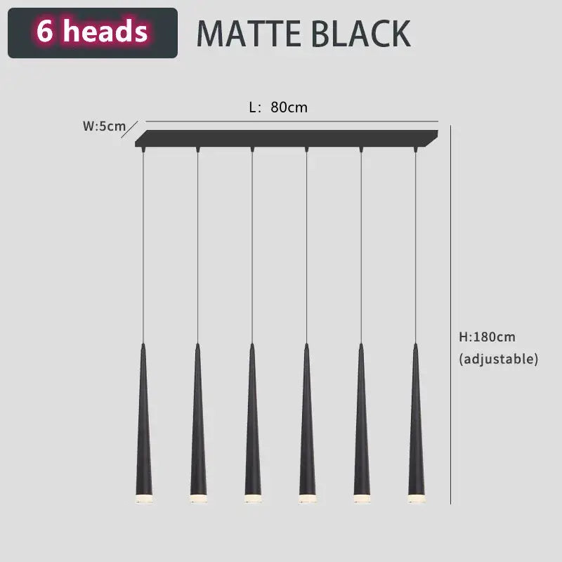 Matte black six-head modern pendant light with slender conical shades and adjustable height for black led stair decorbites loft black