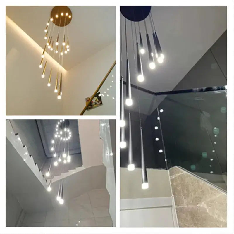 Modern loft black led stair chandelier with sleek gold and black cylindrical pendant lights from decorbites loft black collection