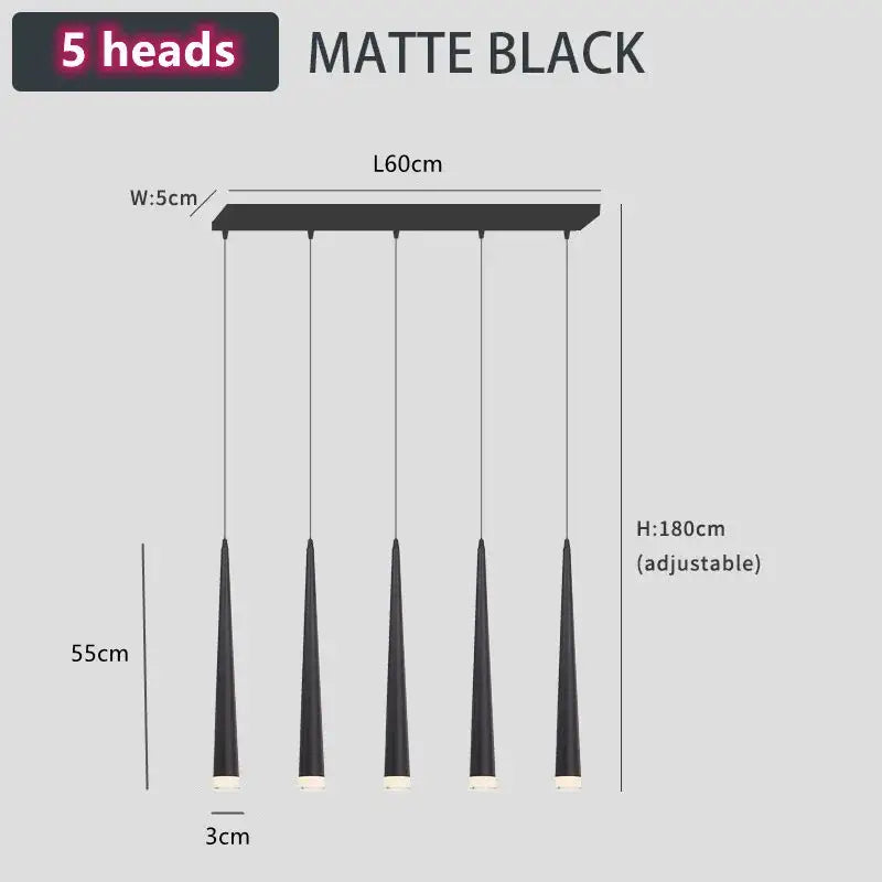 Matte black five-head pendant light with adjustable height and slim conical shades for decorbites loft black led stair decor