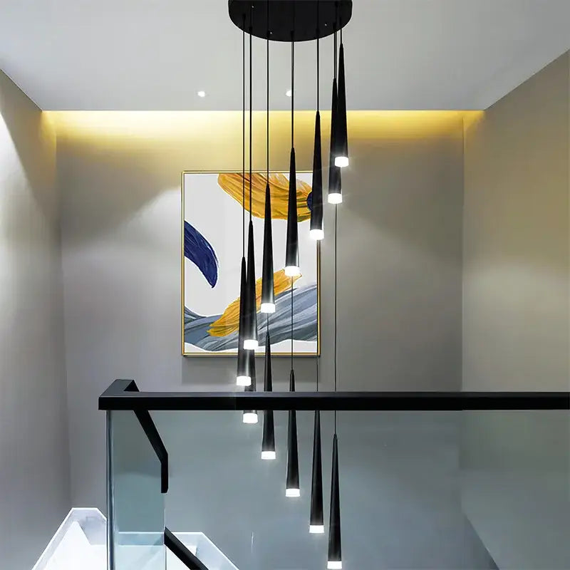 Modern loft decorbites loft black led stair chandelier features black conical pendant lights with illuminated tips