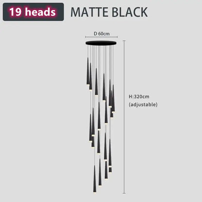 Matte black modern loft black led stair chandelier with 19 cone-shaped light heads for living room decorbites loft black