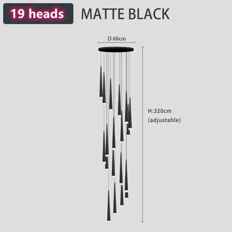 Matte black modern loft black led stair chandelier with 19 cone-shaped light heads for living room decorbites loft black