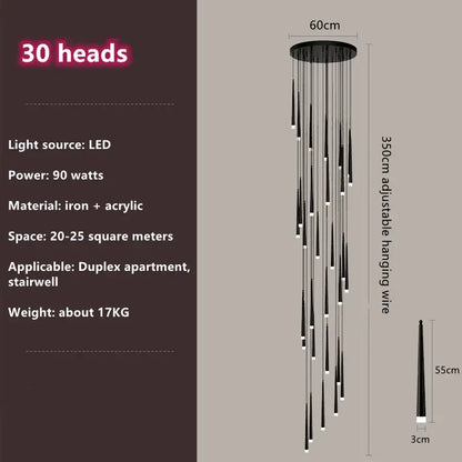 Modern loft black led stair chandelier featuring 30 white led light heads suspended from iron base by decorbites loft black