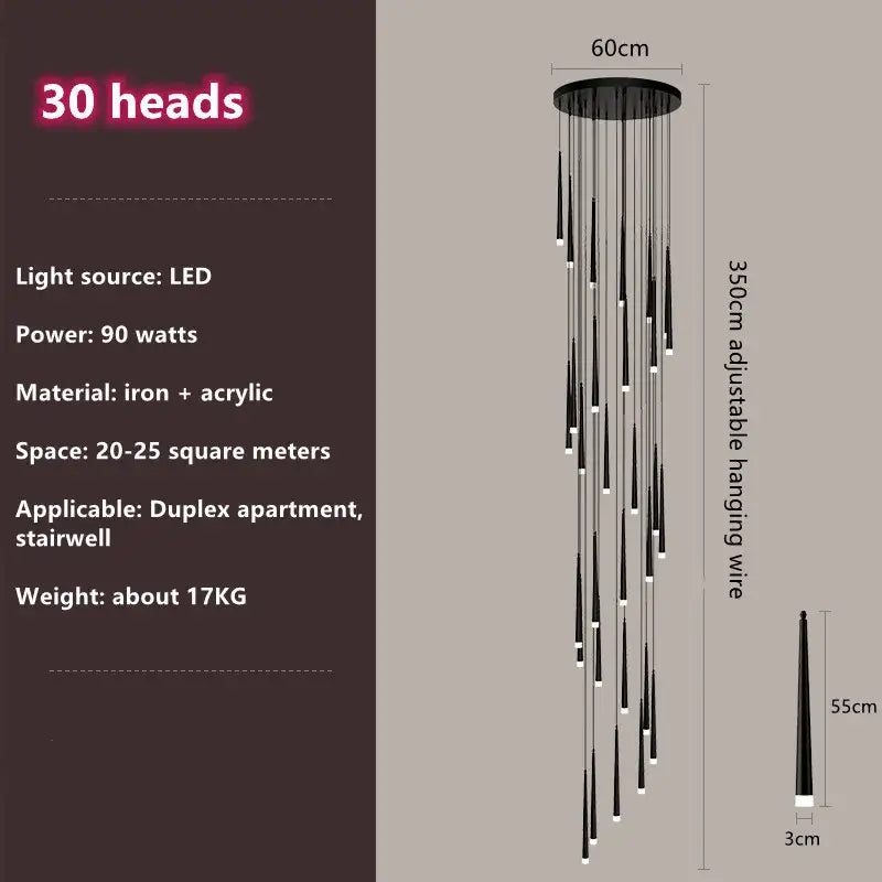 Modern loft black led stair chandelier featuring 30 white led light heads suspended from iron base by decorbites loft black