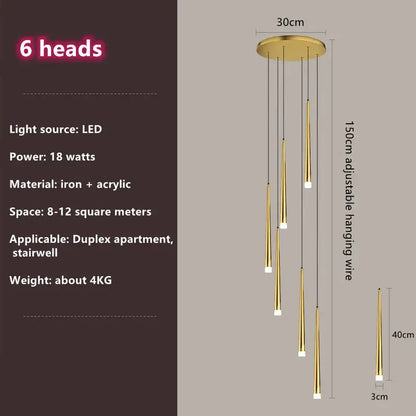 Gold-toned six-head pendant light with acrylic and iron arms for modern decorbites loft black led stair lighting