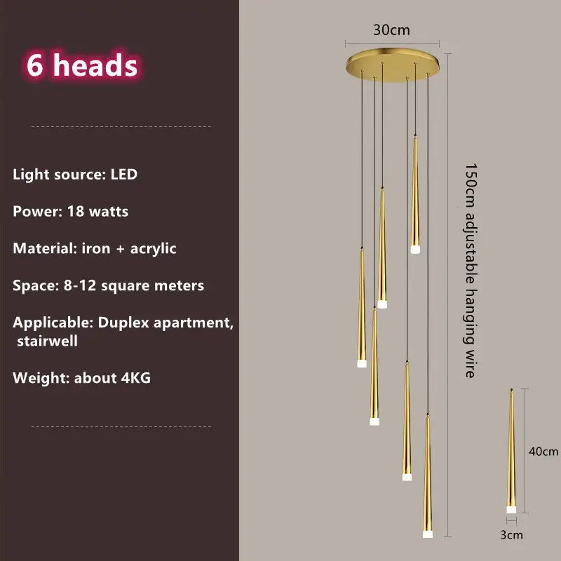 Gold-toned six-head pendant light with acrylic and iron arms for modern decorbites loft black led stair lighting