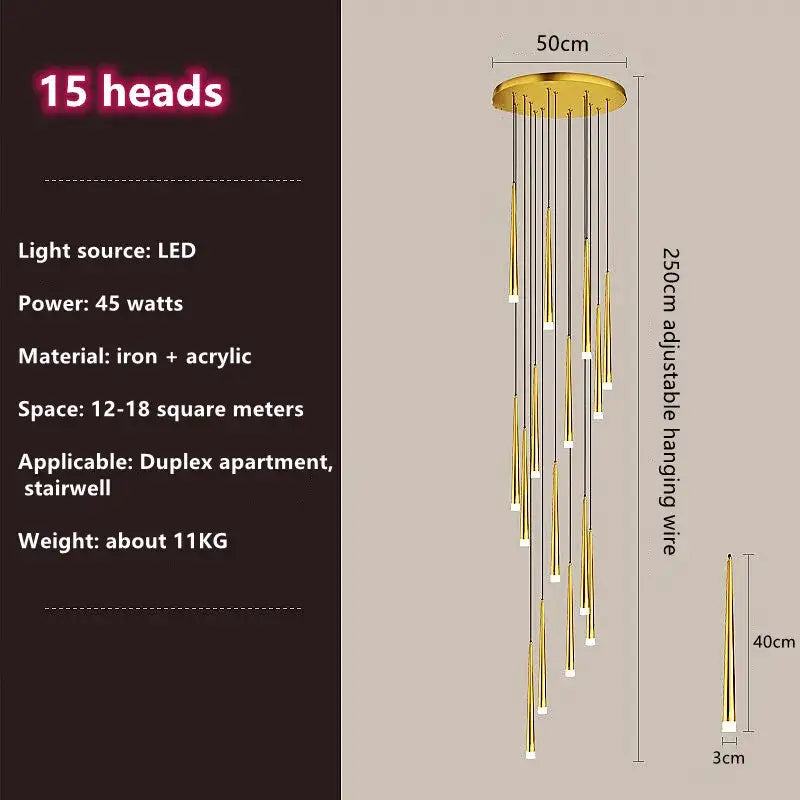 Modern loft black led stair chandelier featuring a gold-toned iron base with 15 vertical led light heads by decorbites loft black