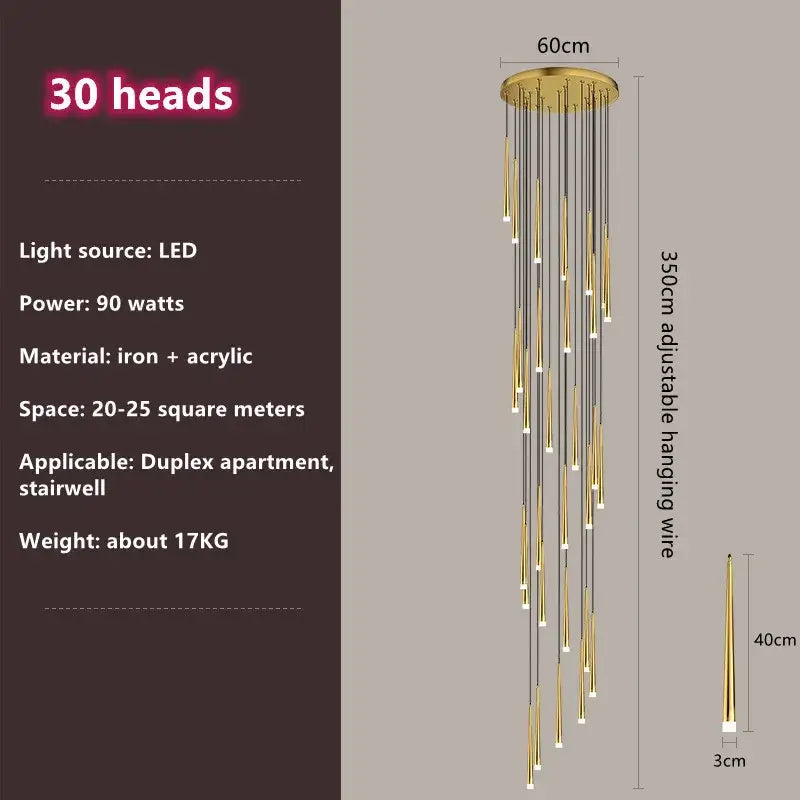 Modern loft black led stair chandelier with 30 gold-toned slender led heads on circular iron base decorbites loft black design