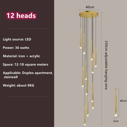Modern loft black led stair chandelier with 12 gold-toned tapered lights on circular iron base for decorbites loft black decor