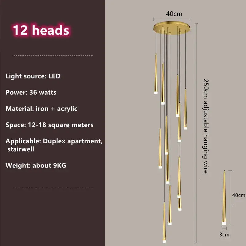 Modern loft black led stair chandelier with 12 gold-toned tapered lights on circular iron base for decorbites loft black decor