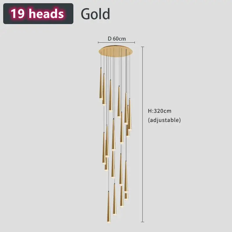 Modern loft black led stair chandelier with gold-toned 19 cone-shaped light fixtures for living room decorbites loft black