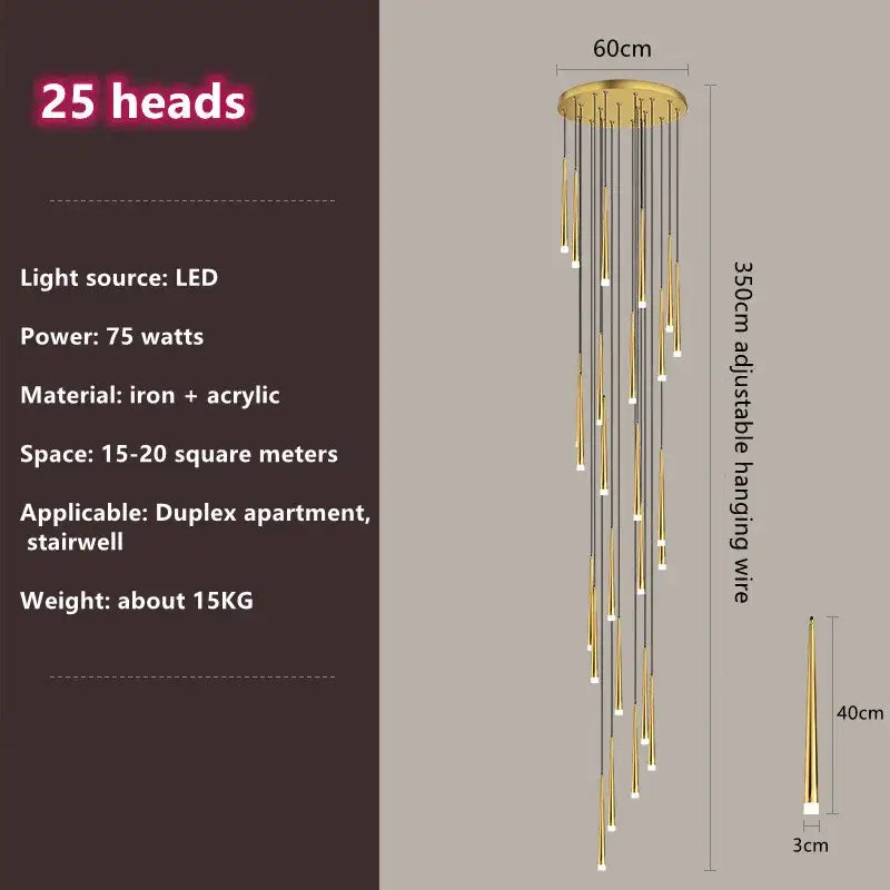 Modern loft black led stair chandelier with gold-toned 25 slender led lights suspended from a circular iron base