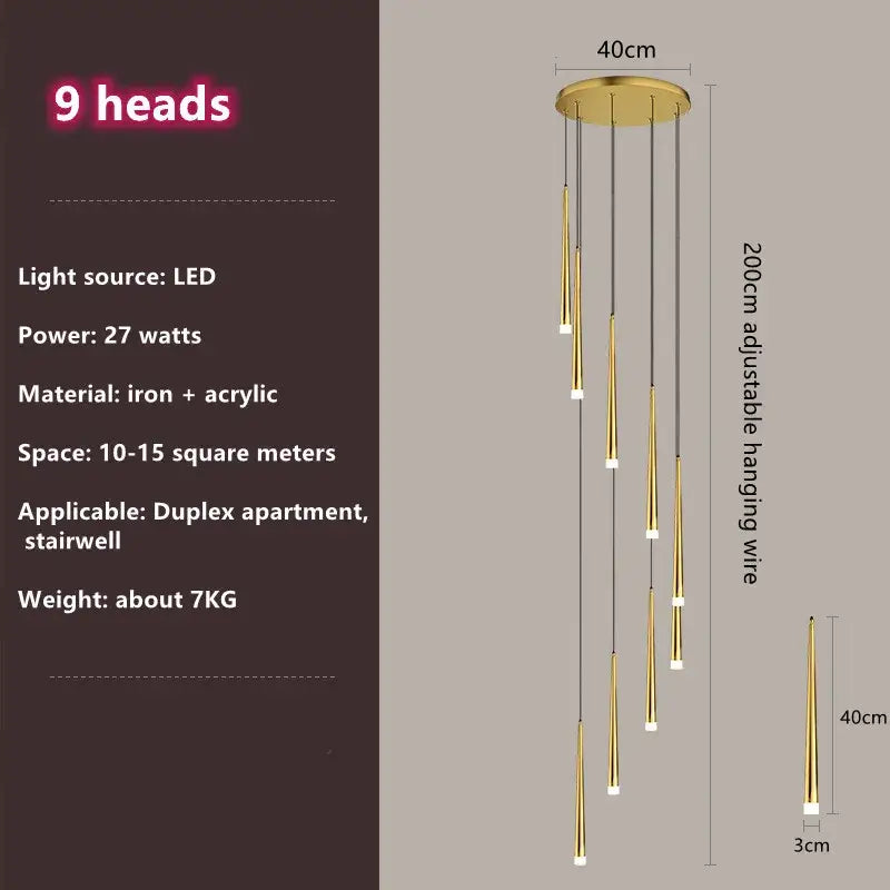 Gold-toned modern loft black led pendant light with nine tapered iron and acrylic arms for stair and living room decorbites loft black