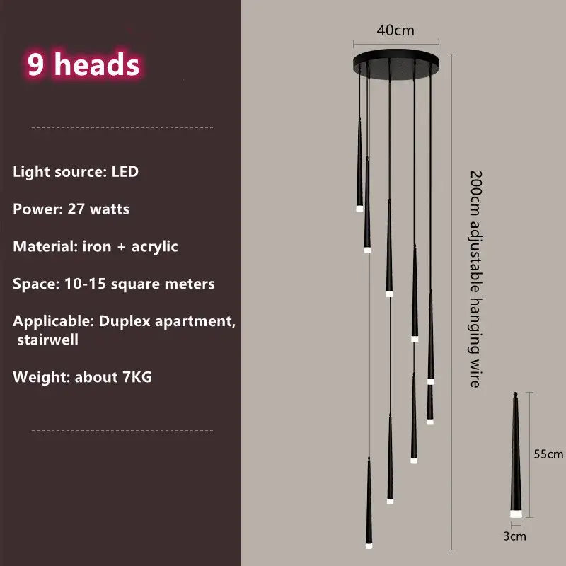 Modern loft black led stair chandelier featuring nine slender cone-shaped led heads on a circular iron base
