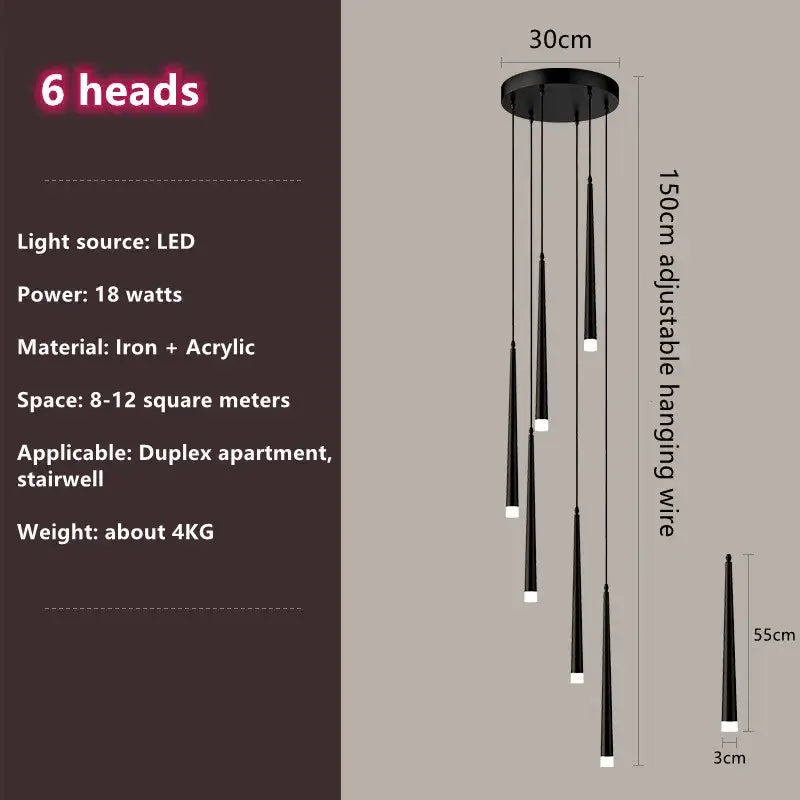 Modern loft black led stair chandelier pendant light with six tapered led heads on circular iron base by decorbites loft black