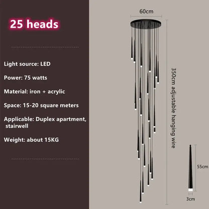 Modern loft black led stair chandelier with 25 slender iron and acrylic light heads for living room decorbites loft black style