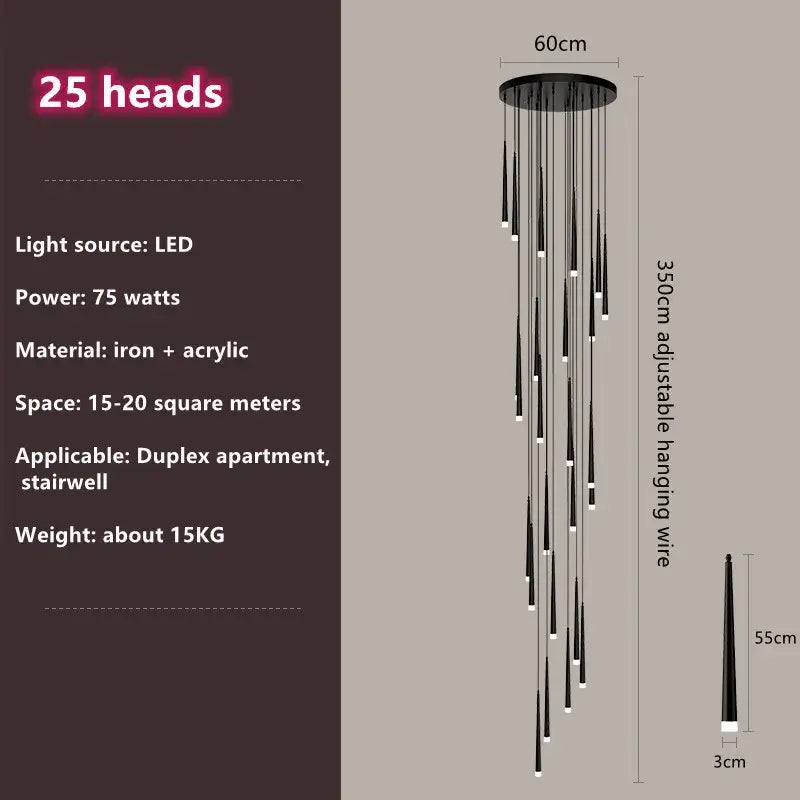 Modern loft black led stair chandelier with 25 slender iron and acrylic light heads for living room decorbites loft black style