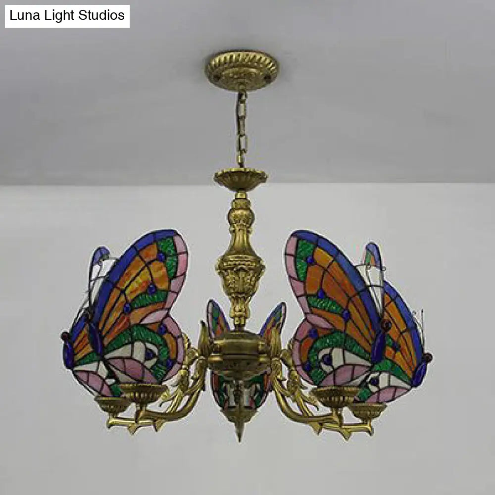Modern Loft Style Adjustable Chain Stained Glass Butterfly Ceiling Light in Multicolor