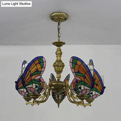 Modern Loft Style Adjustable Chain Stained Glass Butterfly Ceiling Light in Multicolor