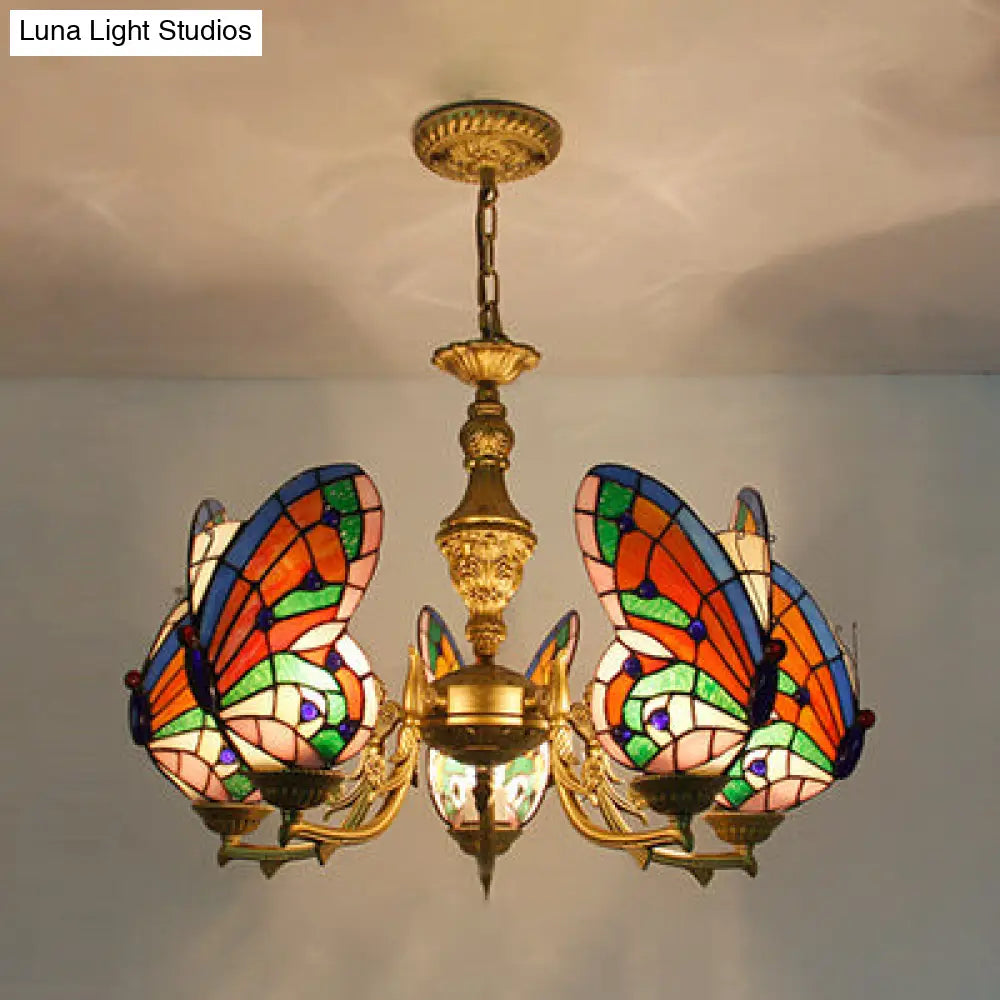 Modern Loft Style Adjustable Chain Stained Glass Butterfly Ceiling Light in Multicolor