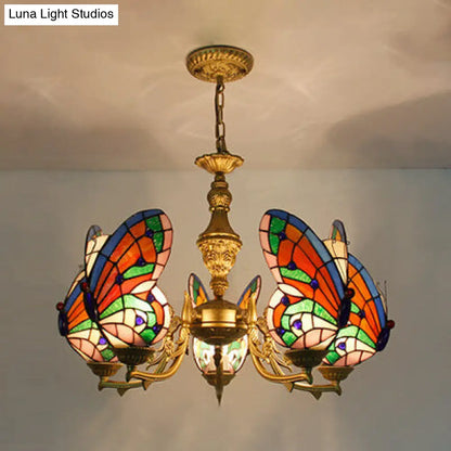 Modern Loft Style Adjustable Chain Stained Glass Butterfly Ceiling Light in Multicolor