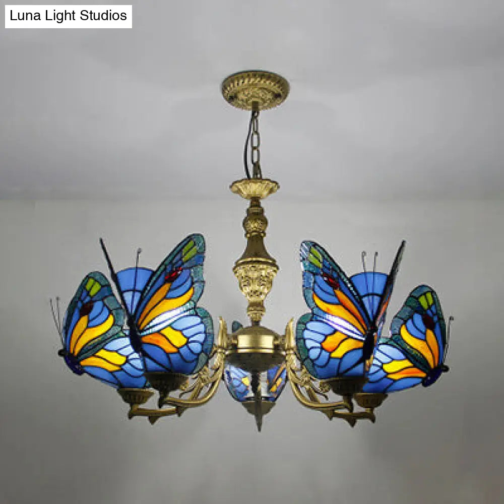 Modern Loft Style Adjustable Chain Stained Glass Butterfly Ceiling Light in Multicolor