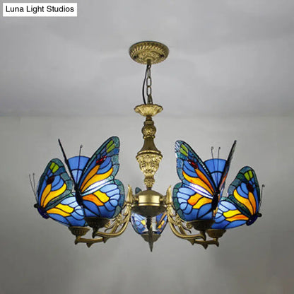 Modern Loft Style Adjustable Chain Stained Glass Butterfly Ceiling Light in Multicolor