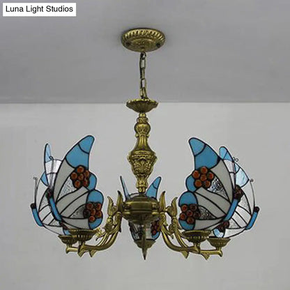 Modern Loft Style Adjustable Chain Stained Glass Butterfly Ceiling Light in Multicolor