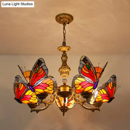 Modern Loft Style Adjustable Chain Stained Glass Butterfly Ceiling Light in Multicolor