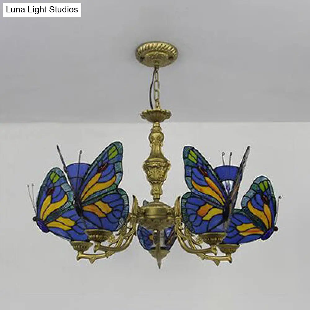 Modern Loft Style Adjustable Chain Stained Glass Butterfly Ceiling Light in Multicolor
