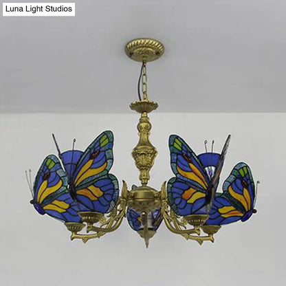 Modern Loft Style Adjustable Chain Stained Glass Butterfly Ceiling Light in Multicolor