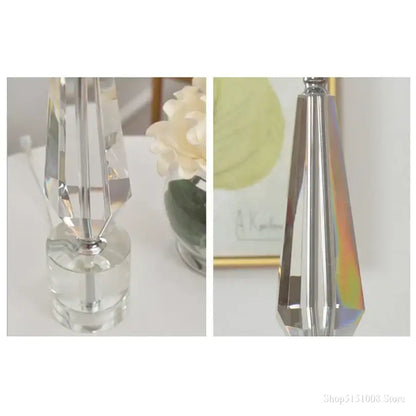Modern luxe gray and crystal table lamp with clear faceted crystal lampshade and polished chrome base for bedroom lighting