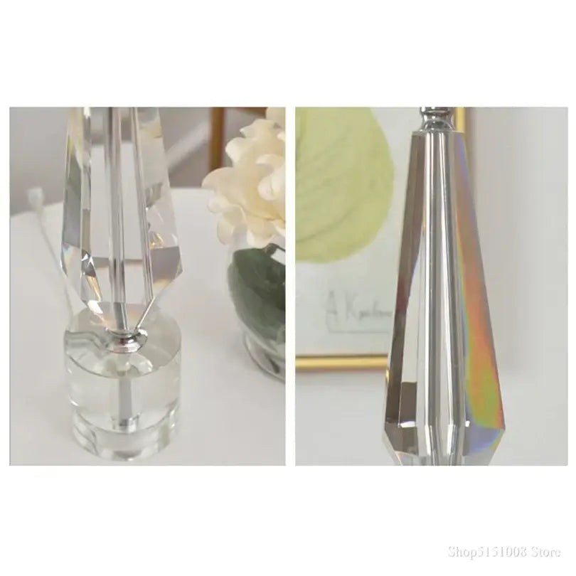 Modern luxe gray and crystal table lamp with clear faceted crystal lampshade and polished chrome base for bedroom lighting