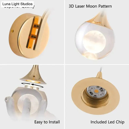 Modern luxurious crystal led gold-toned pendant light with 3d laser moon pattern and frosted glass diffuser for bedroom