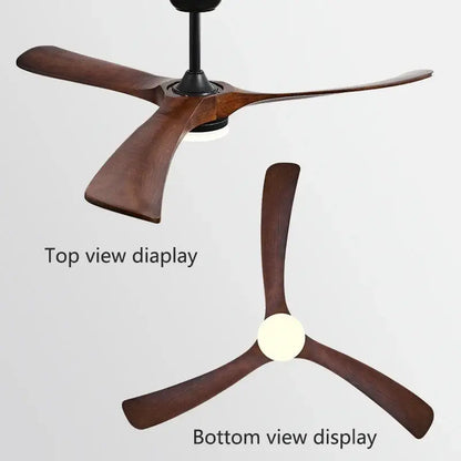 Modern luxury black and dark brown wooden ceiling fan with three blades and integrated light fixture for living room