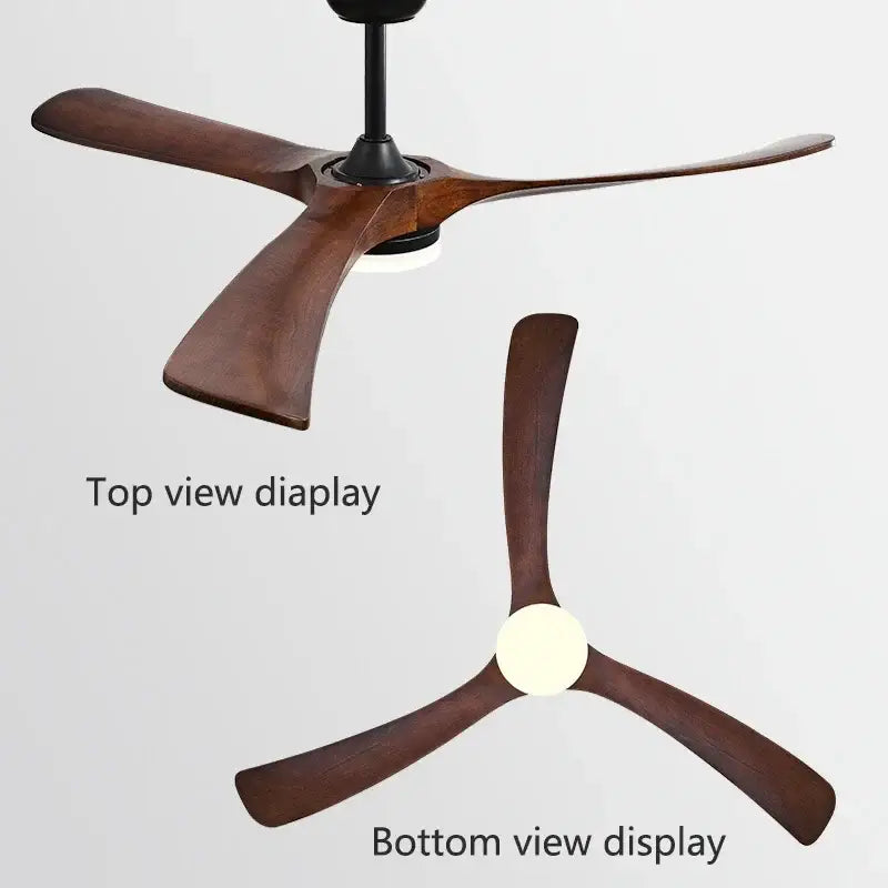 Modern luxury black and dark brown wooden ceiling fan with three blades and integrated light fixture for living room