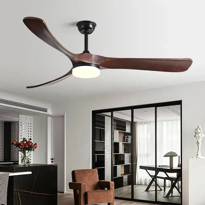 Modern luxury black ceiling fan with three dark brown wooden blades and integrated light for living room use