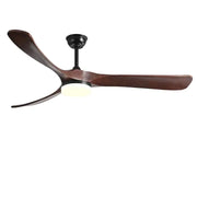 Modern luxury black and dark brown wooden ceiling fan with three blades and integrated light fixture for living room use