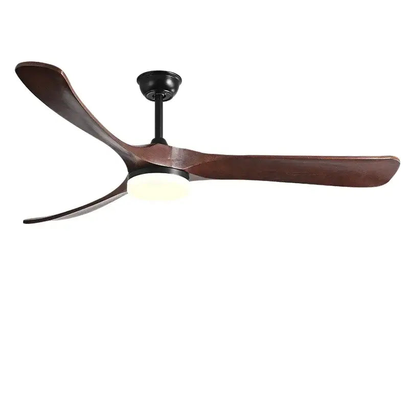 Modern luxury black and dark brown wooden ceiling fan with three blades and integrated light fixture for living room use