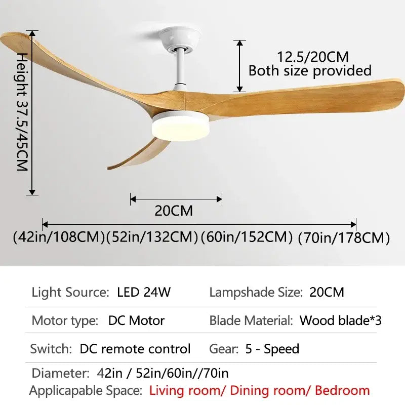 Modern luxury wooden ceiling fan with three light-colored wooden blades and white central housing for living room