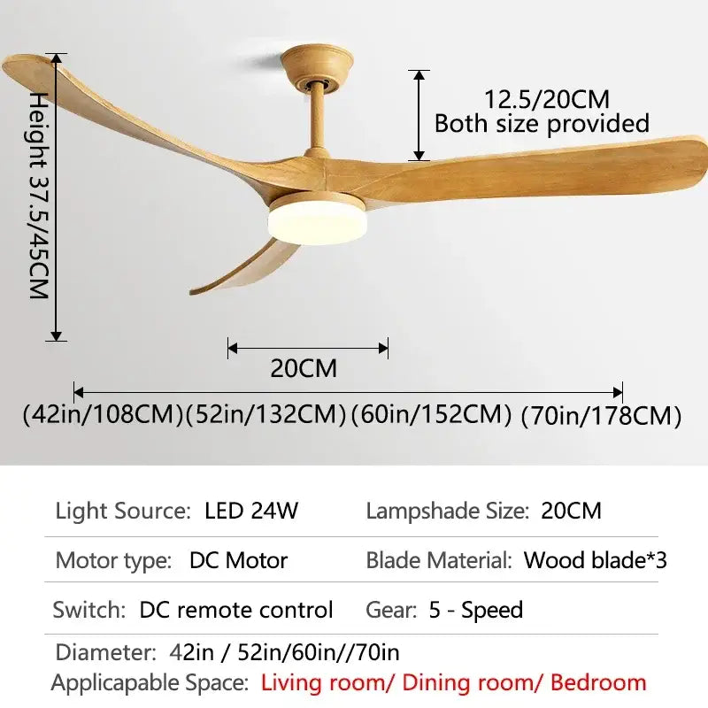 Modern luxury black and dark brown wooden ceiling fan with three light wooden blades and central led lamp for living room
