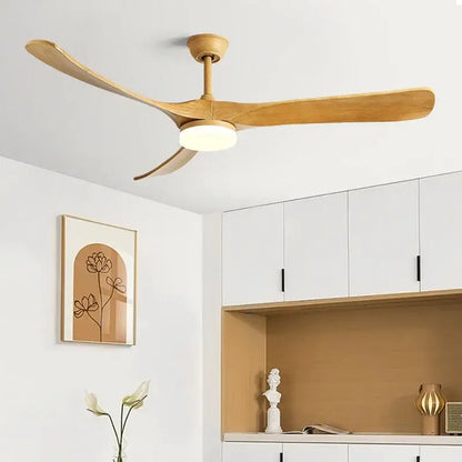Light wood finished luxury wooden ceiling fan with three curved blades and integrated light for living room use