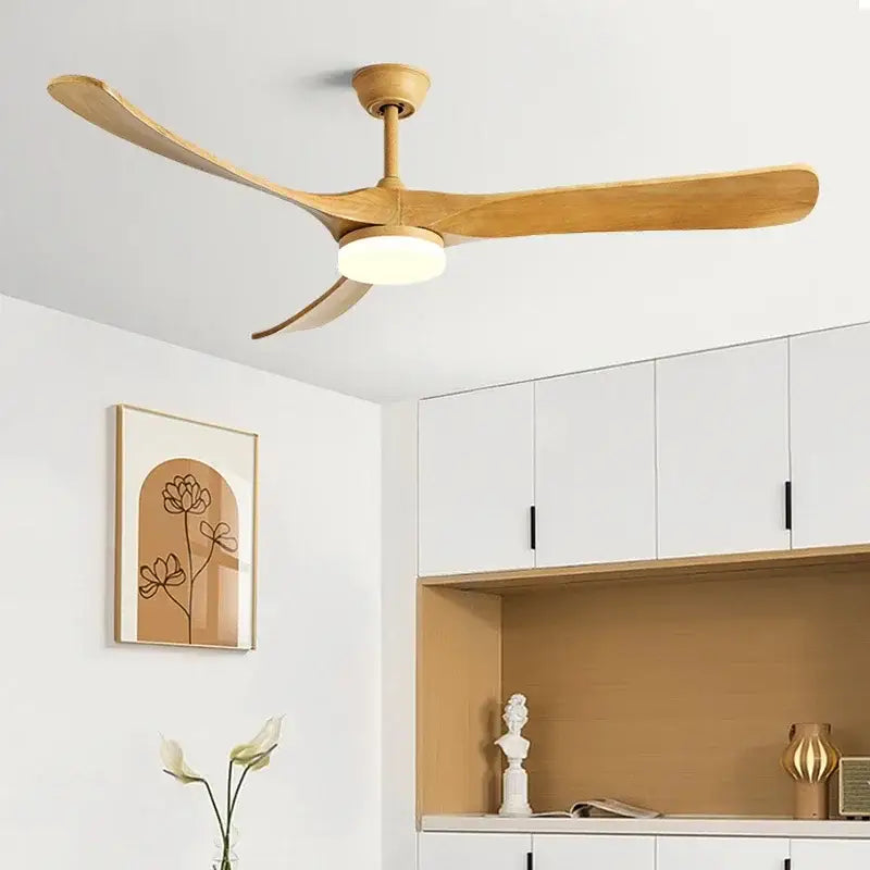 Light wood finished luxury wooden ceiling fan with three curved blades and integrated light for living room use