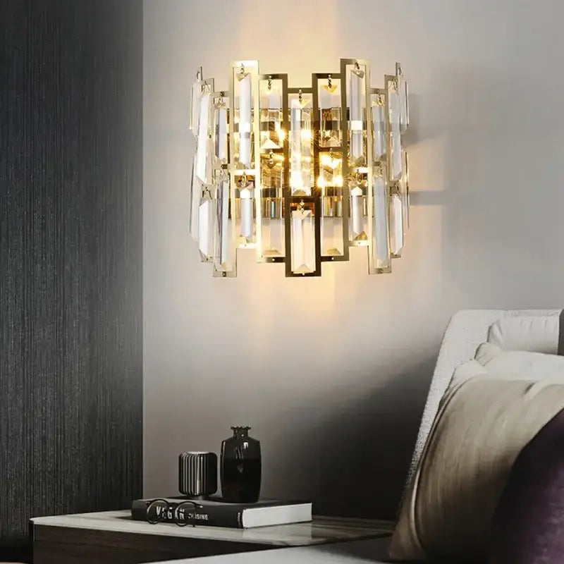 Gold-toned modern luxury wall lamp with vertical crystal bars and geometric design for living room decorbites crystal led wall