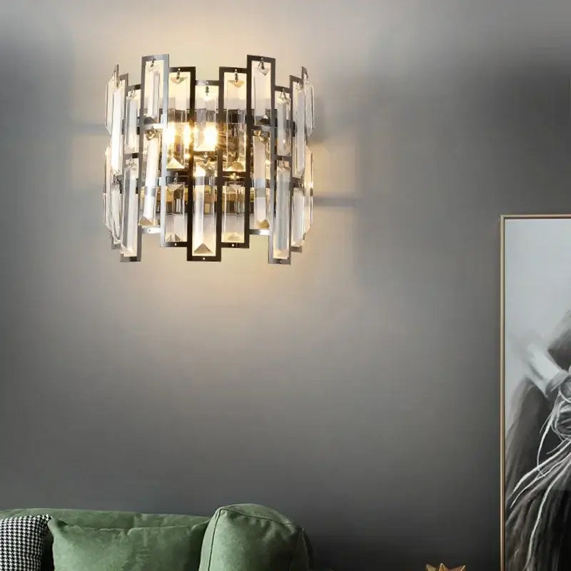 Modern luxury black crystal led wall lamp with vertical rectangular glass panels framed in sleek black metal decorbites crystal led