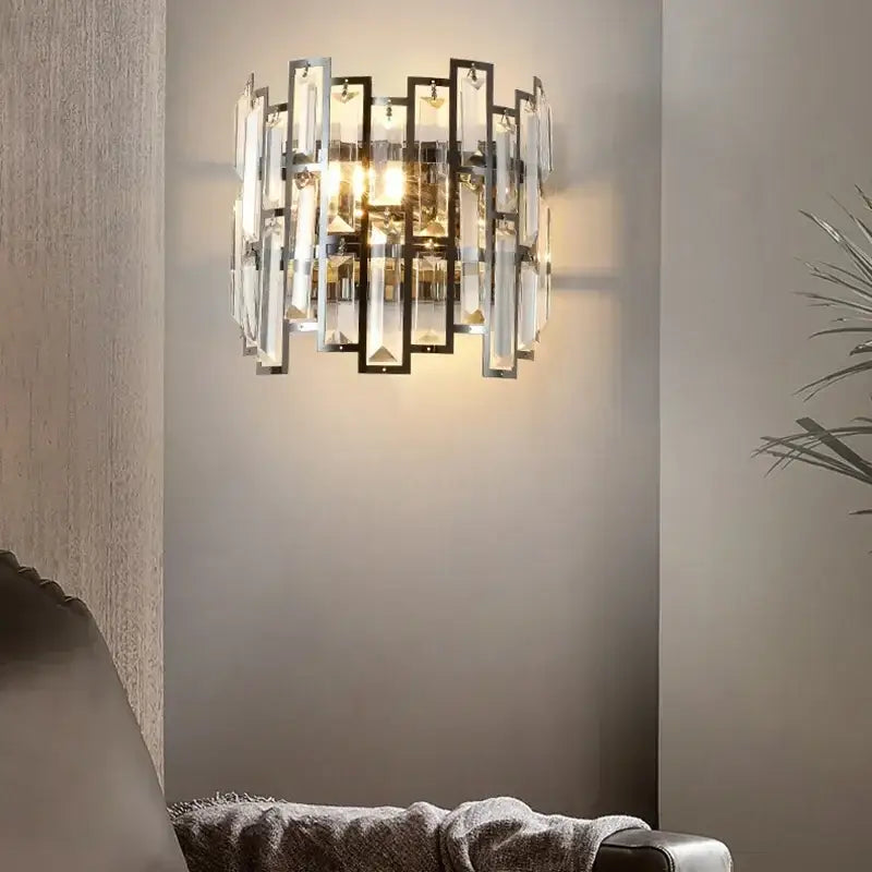 Modern luxury black crystal led wall lamp with vertical crystal bars and sleek metal frame for living room decorbites crystal led
